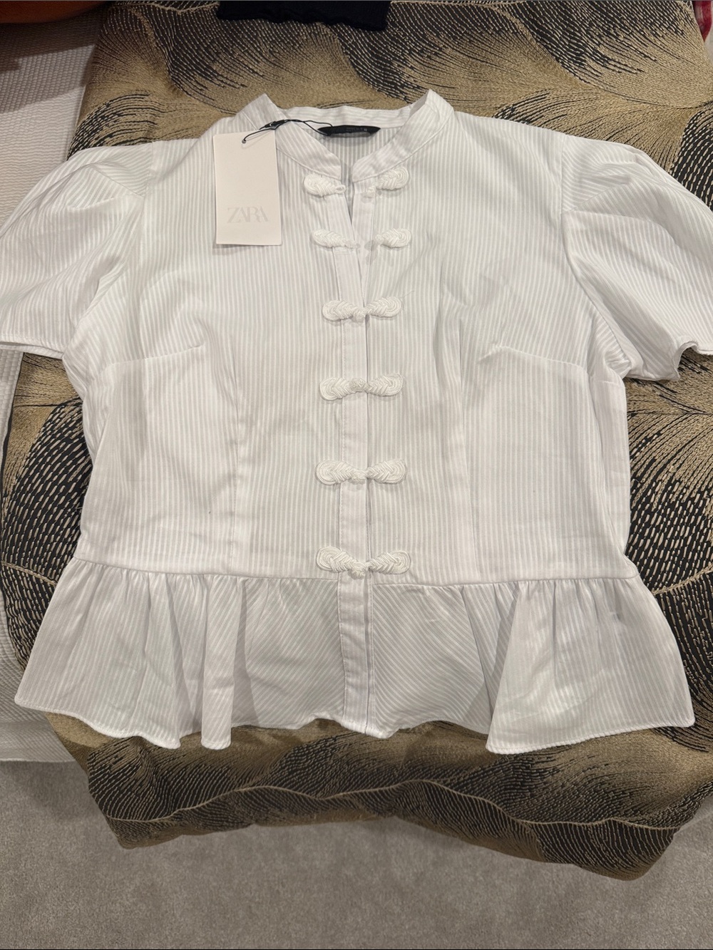 Zara White Short-Sleeve Mandarin Knot Peplum Blouse